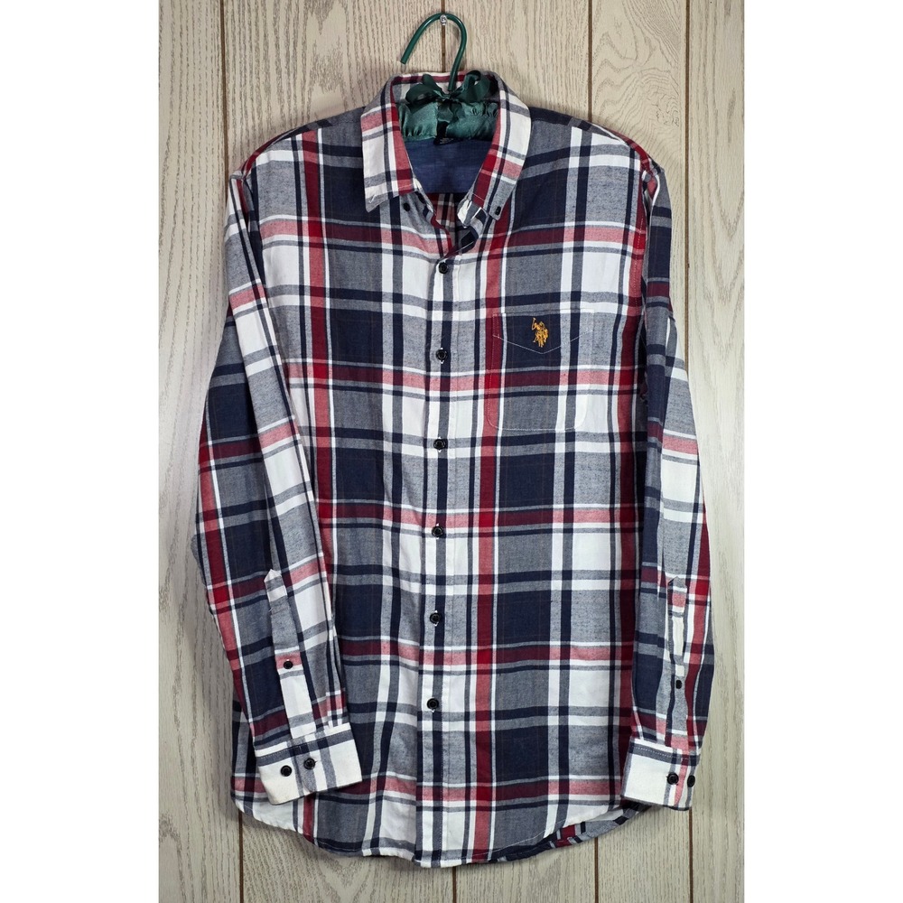 US Polo Assn Mens Small Plaid Button Down Shirt Navy Red White 11C855